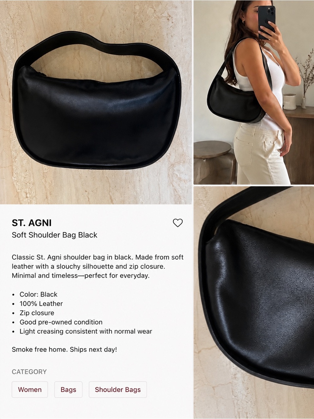 St. Agni Black Soft Leather Hobo Shoulder Bag